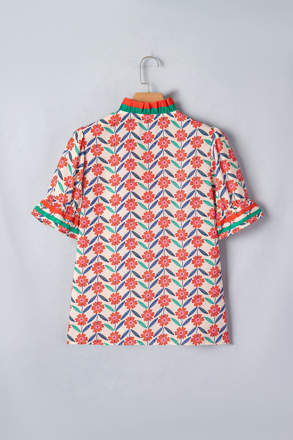 Floral Stripe Detail V-Neck Ruffle Sleeve Blouse