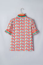 Floral Stripe Detail V-Neck Ruffle Sleeve Blouse
