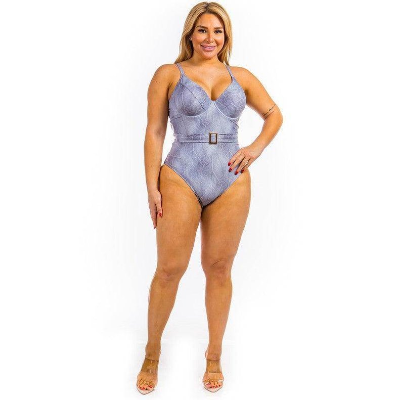 Swimwear - One Piece Buckle Belt Embellish Denim Swimsuit - VacationGrabs
