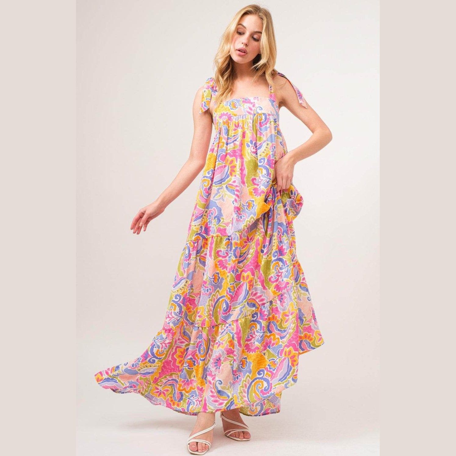 And The Why Full Size Printed Tie Shoulder Tiered Maxi - VacationGrabs