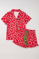 Women's Sleepwear/LoungewearRed Christmas Candy Cane Print Pocketed Knotted Pajama Set - VacationGrabs