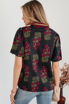 Floral Contrast Slit V-Neck Short Bubble Sleeve Blouse