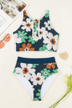 Flower Zip-Up Racerback Top & High Waist Bikini Set