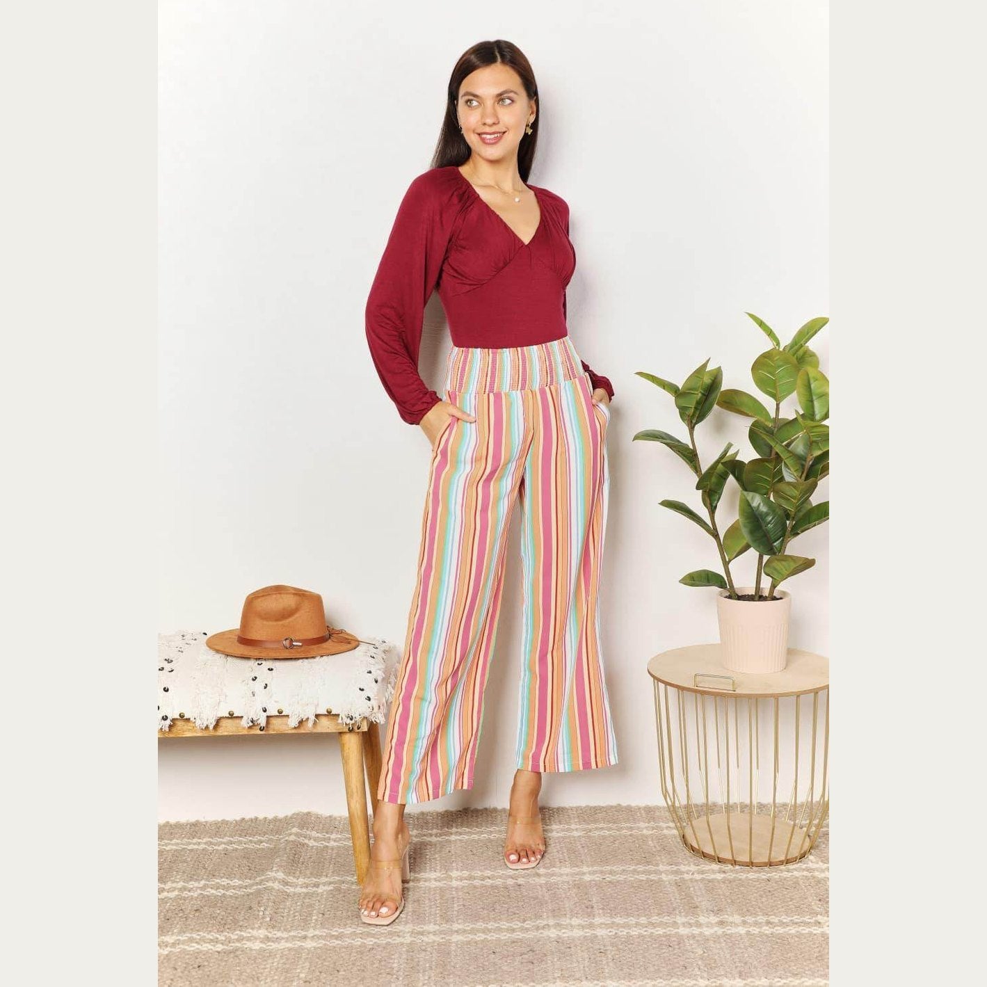 Double Take Striped Smocked Waist Pants with Pockets - VacationGrabs