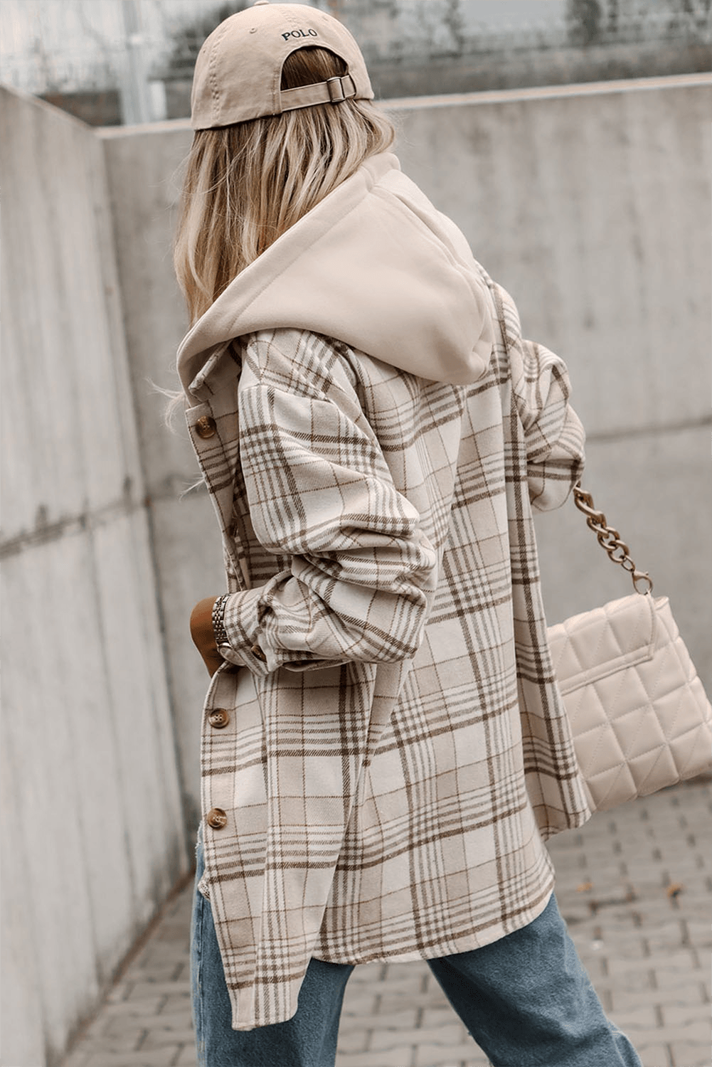 Khaki Plaid Removable Hood Buttoned Shacket - VacationGrabs