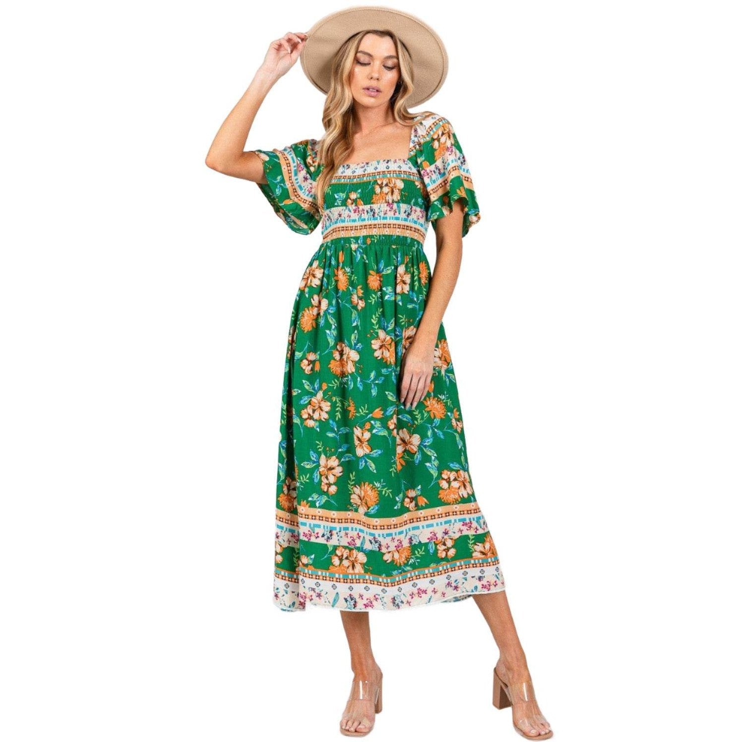 SAGE + FIG Printed Smocked Short Sleeve Midi Dress - VacationGrabs