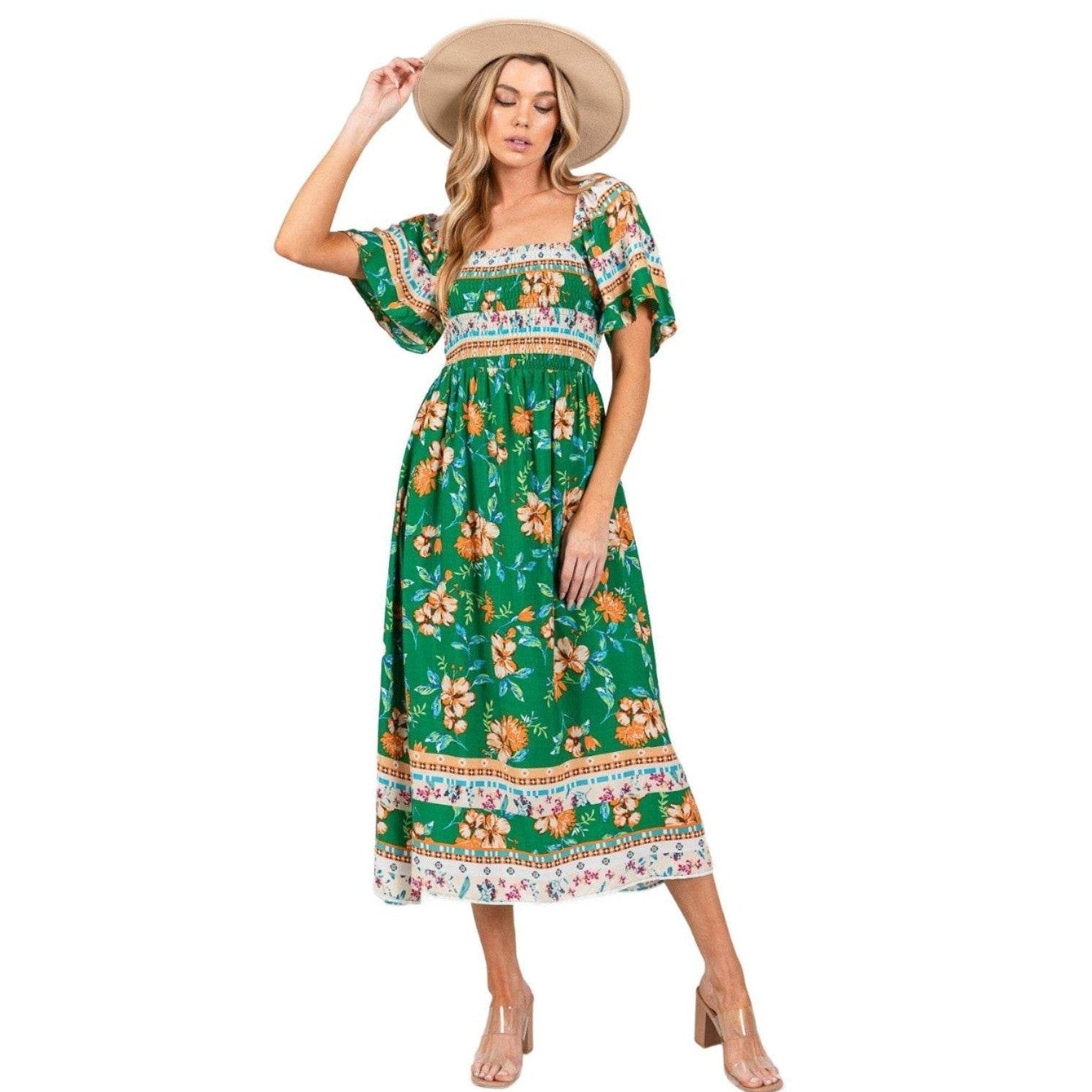 SAGE + FIG Printed Smocked Short Sleeve Midi Dress - VacationGrabs
