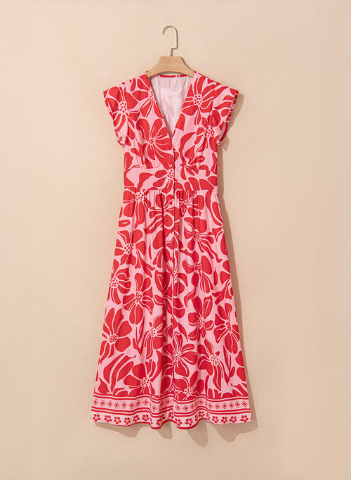 Floral Boho Short Sleeve V-Neck Buttoned Maxi Dress