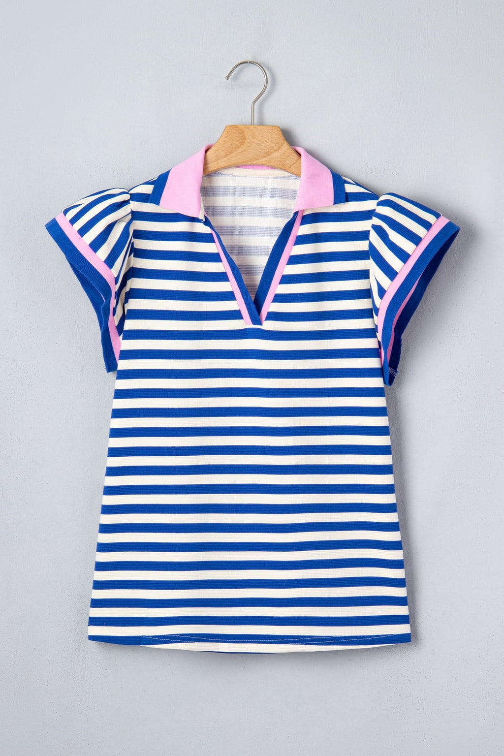 Stripe Contrast Trim Polo Collar Ruffle Sleeve Blouse