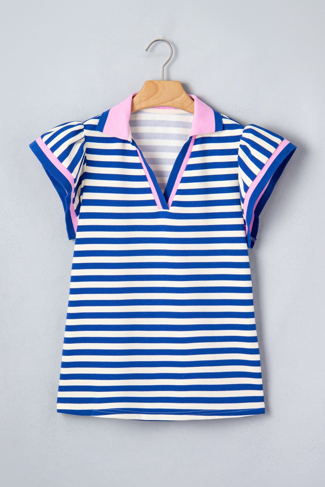 Stripe Contrast Trim Polo Collar Ruffle Sleeve Blouse
