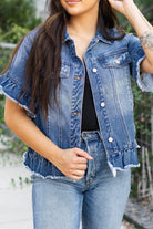 Women's Coats & JacketsPeacock Blue Raw Edge Ruffled Short Sleeve Denim Jacket - VacationGrabs