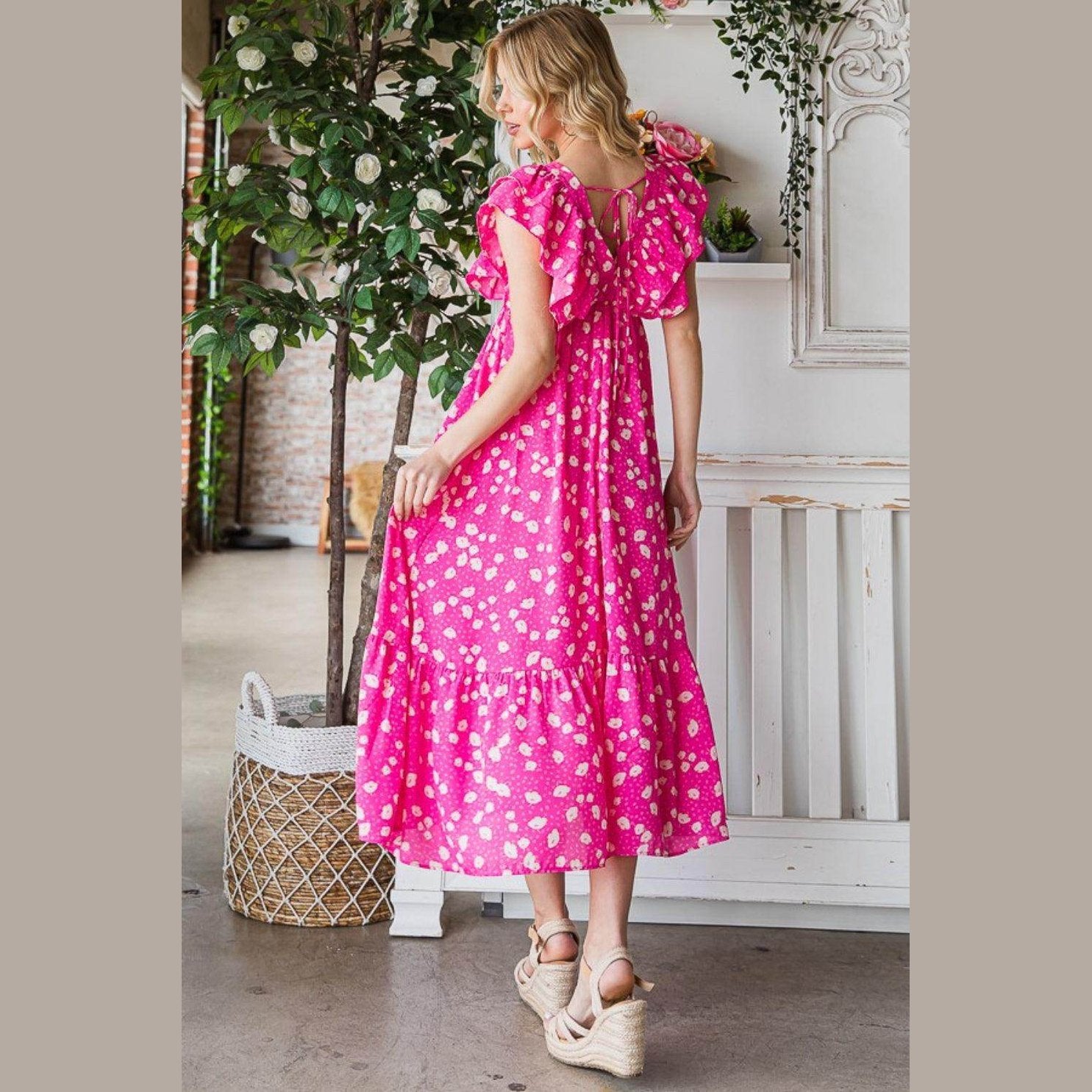 Reborn J Printed V-Neck Ruffle Trim Tiered Midi Dress - VacationGrabs