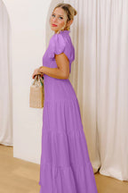 Solid V-Neck Short Puff Sleeve Tiered Maxi Dress