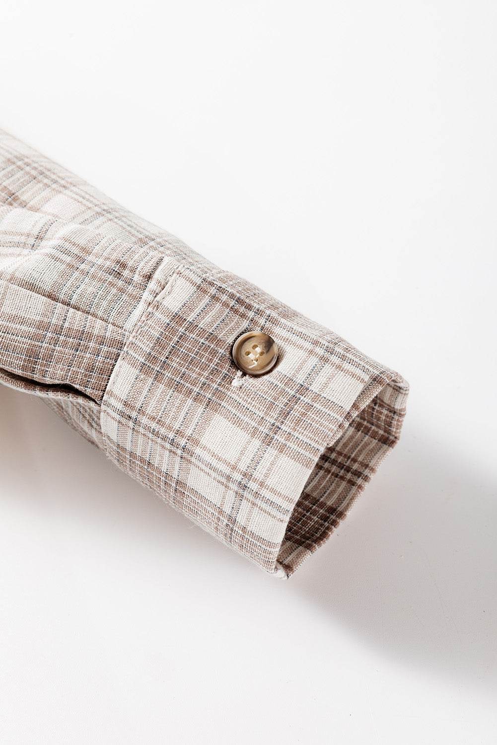 Khaki Checkered Print Loose Fit Buttoned Hooded Shacket - VacationGrabs