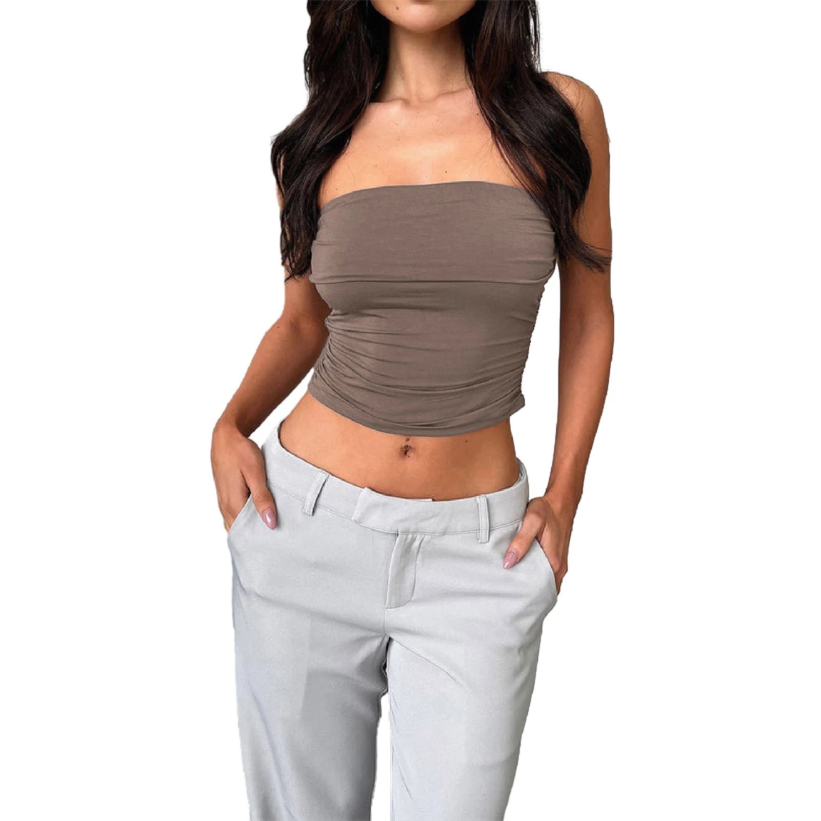 Woman wearing a daily wear soft bandeau shirt in brown paired with light gray pants