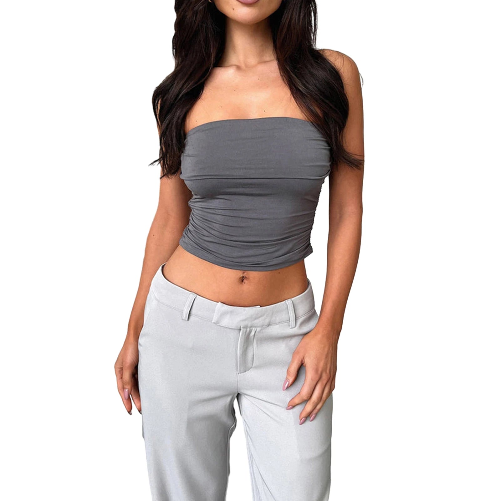Woman wearing a gray daily wear soft bandeau shirt paired with light gray pants on white background