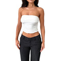 Woman wearing a white daily wear soft bandeau shirt paired with black pinstripe pants