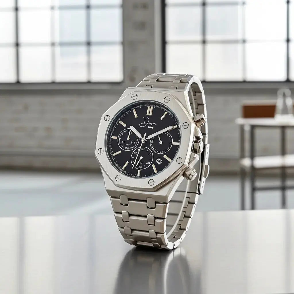 Men's silver chronograph on a watch, stylish and durable