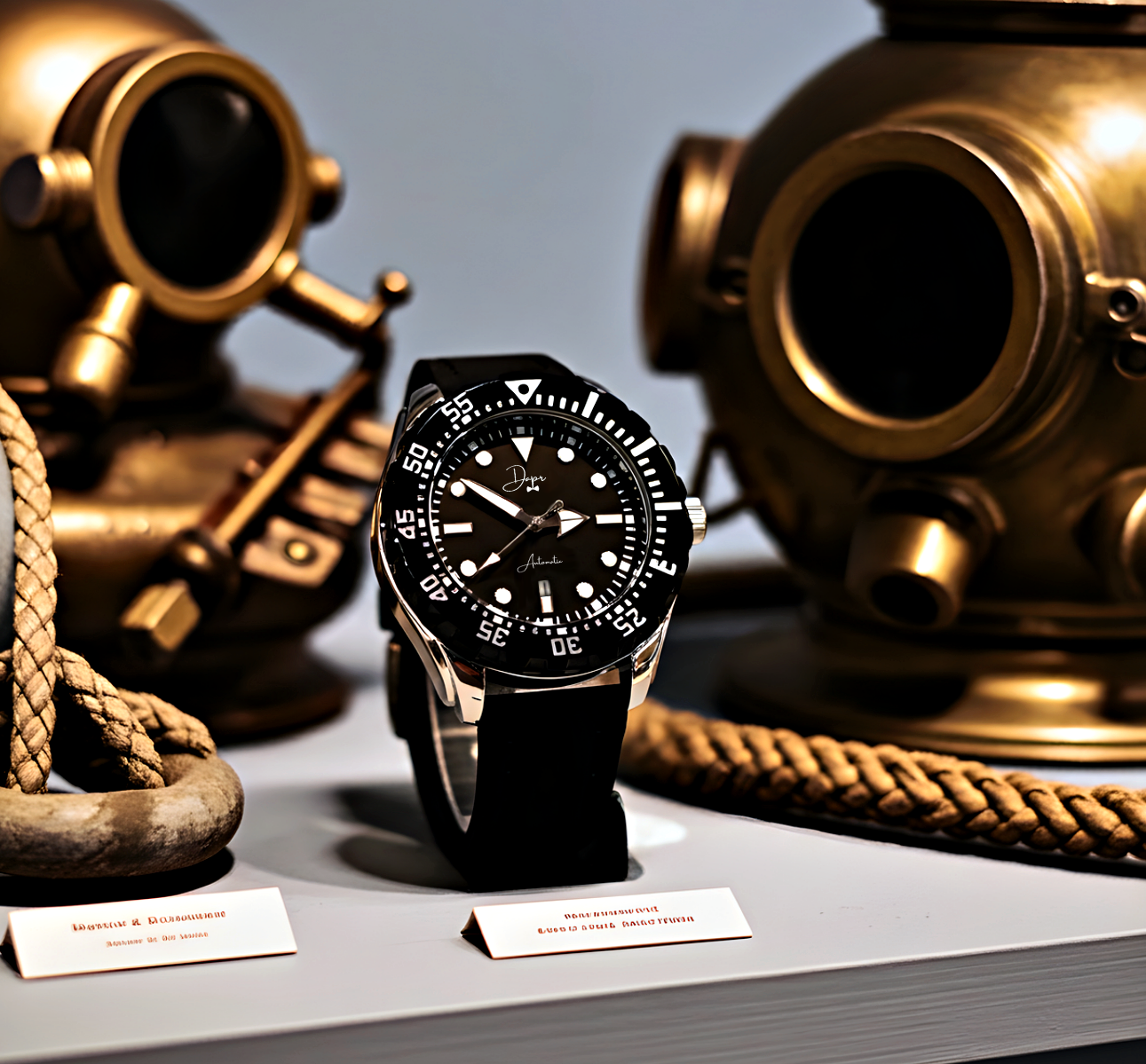 Dapr men's automatic watch with a black dial and rubber strap, displayed near diving helmets