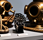 Dapr men's automatic watch with a black dial and rubber strap, displayed near diving helmets