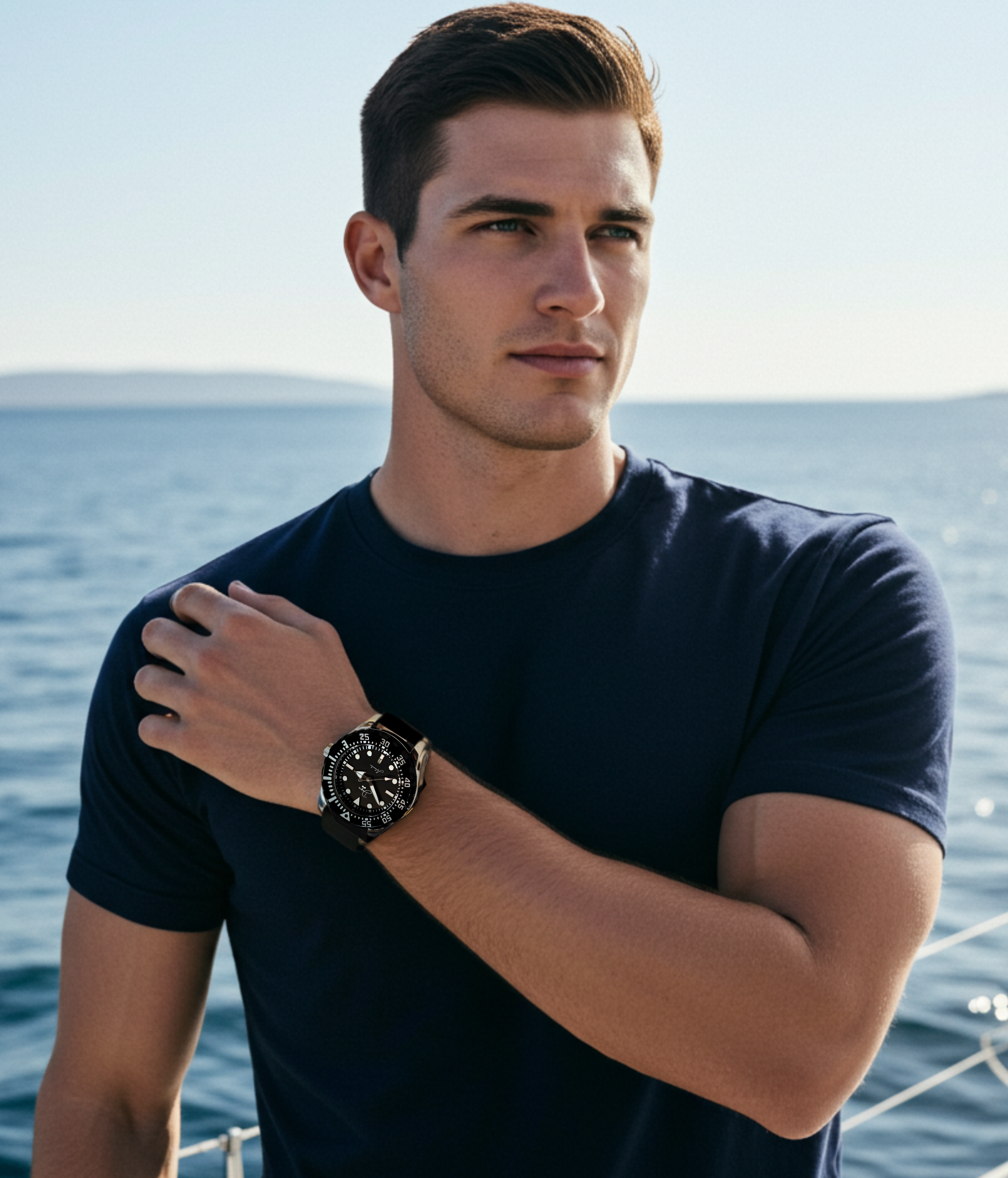 Dapr men's automatic watch displayed on a model's wrist against a coastal background