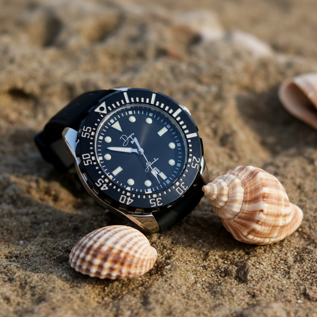Dapr men's automatic watch with a black dial and durable rubber strap on sandy beach surrounded by seashells