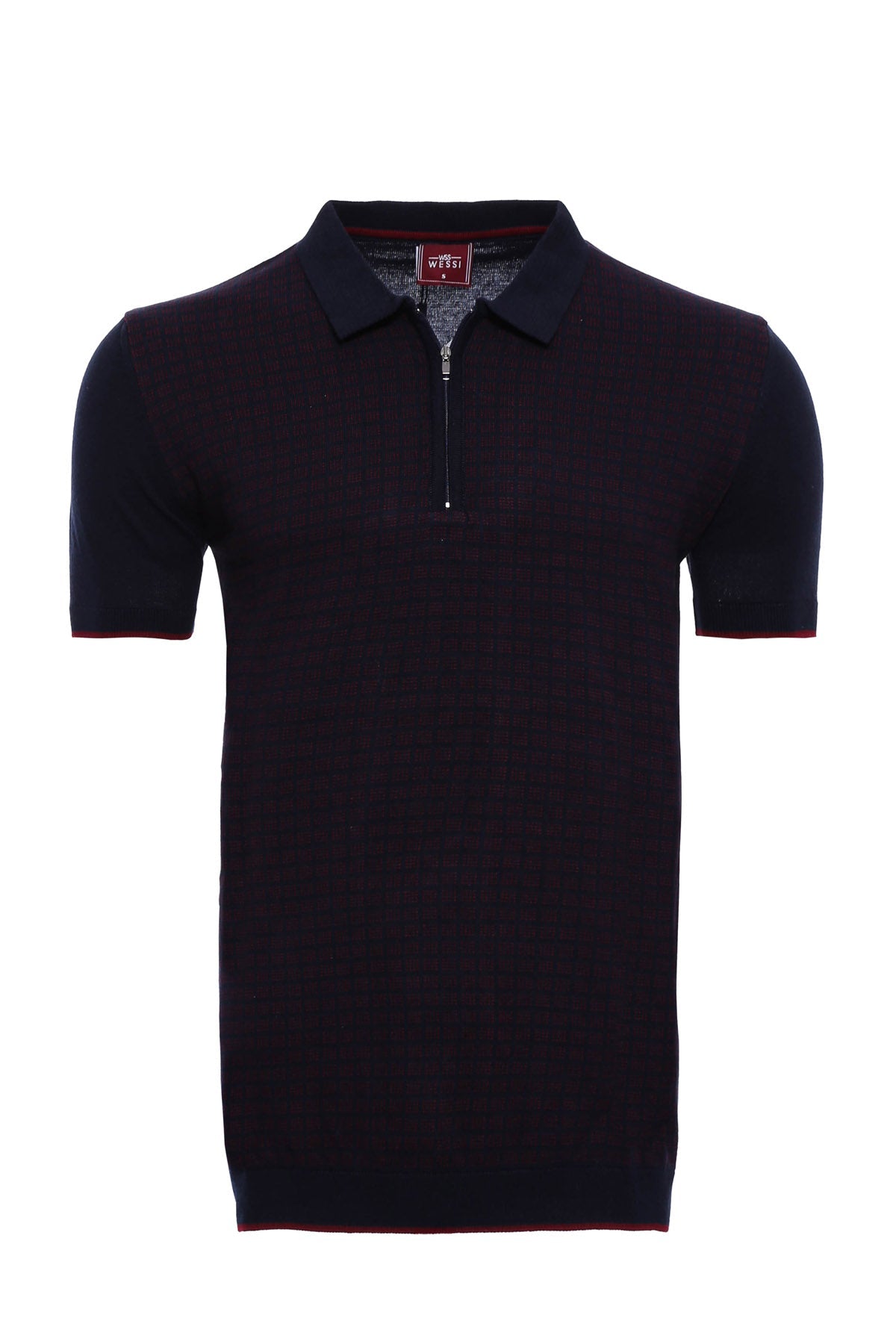 Dark Blue Plaid Zippered Knitted Polo T-Shirt by Wessi – front view