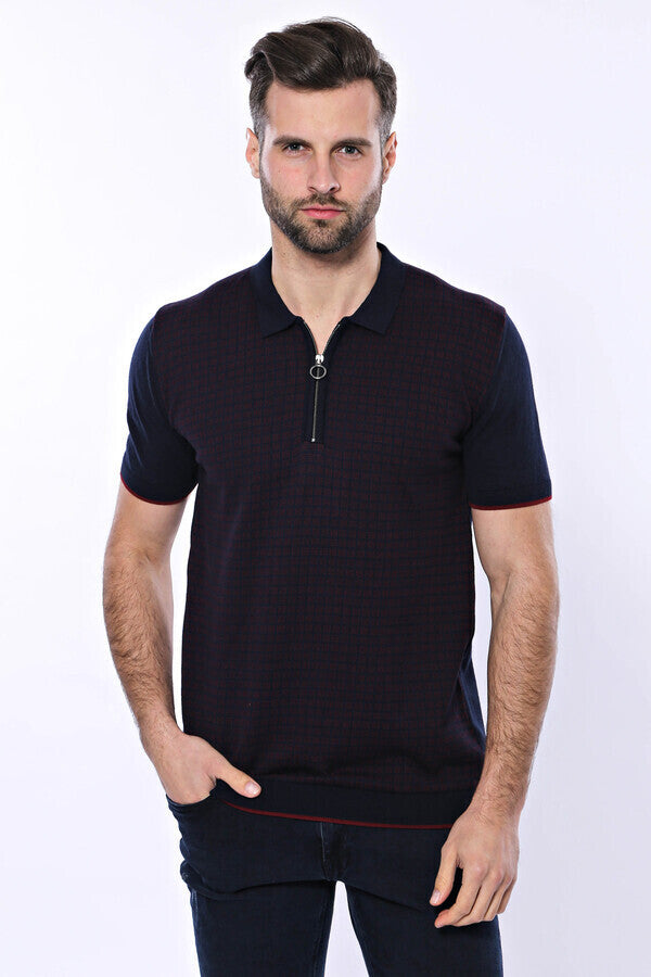 Dark Blue Plaid Zippered Knitted Polo T-Shirt by Wessi – detail view
