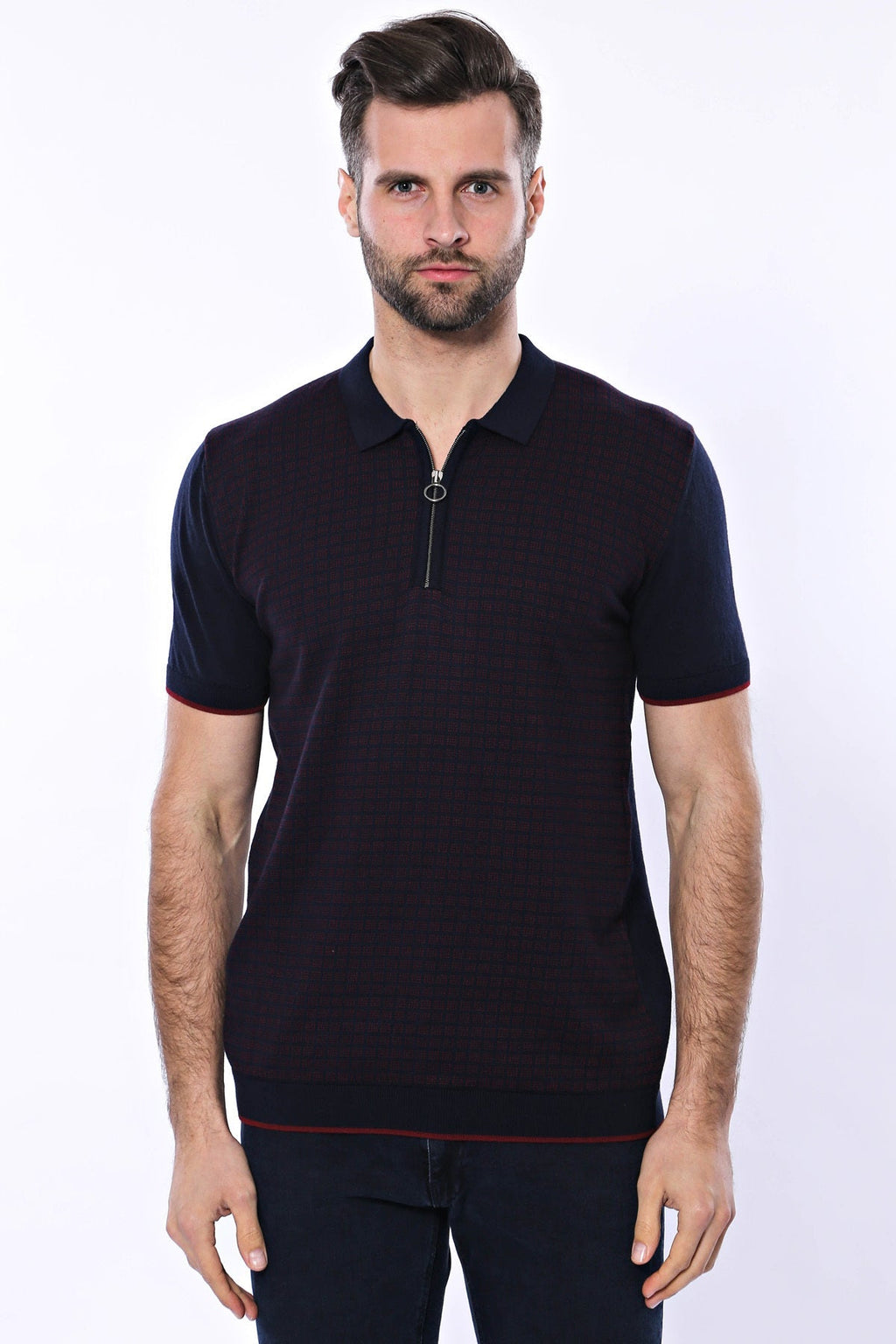 Dark Blue Plaid Zippered Knitted Polo T-Shirt by Wessi – side view