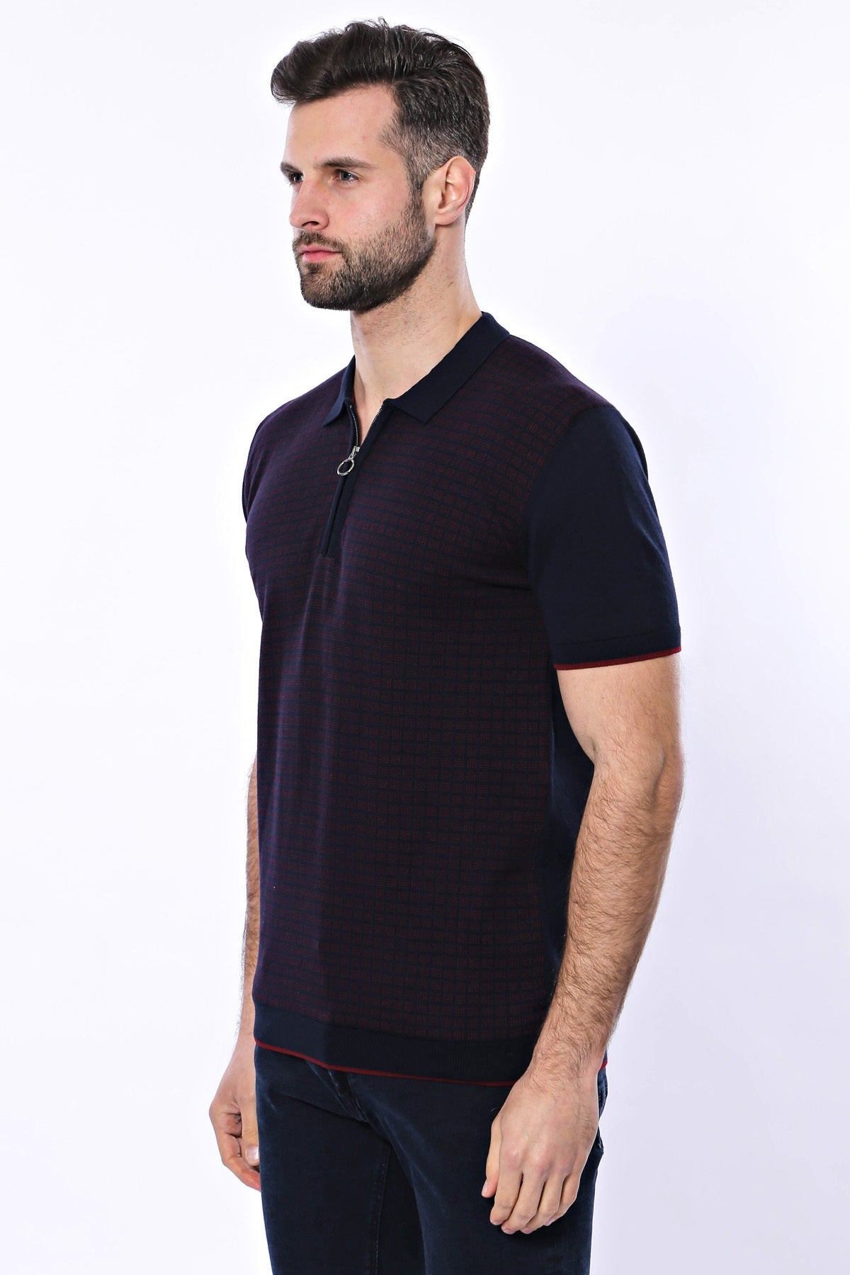 Dark Blue Plaid Zippered Knitted Polo T-Shirt by Wessi – styled view