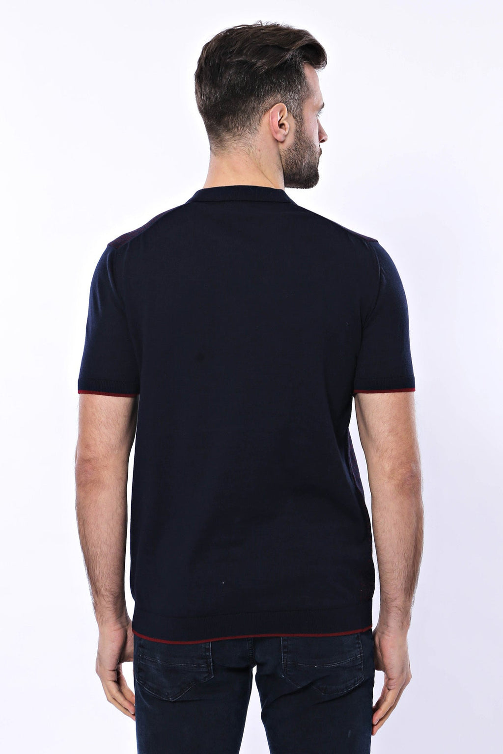 Dark Blue Plaid Zippered Knitted Polo T-Shirt by Wessi – close up view