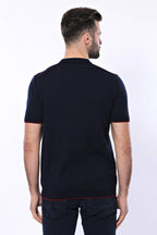 Dark Blue Plaid Zippered Knitted Polo T-Shirt by Wessi – close up view