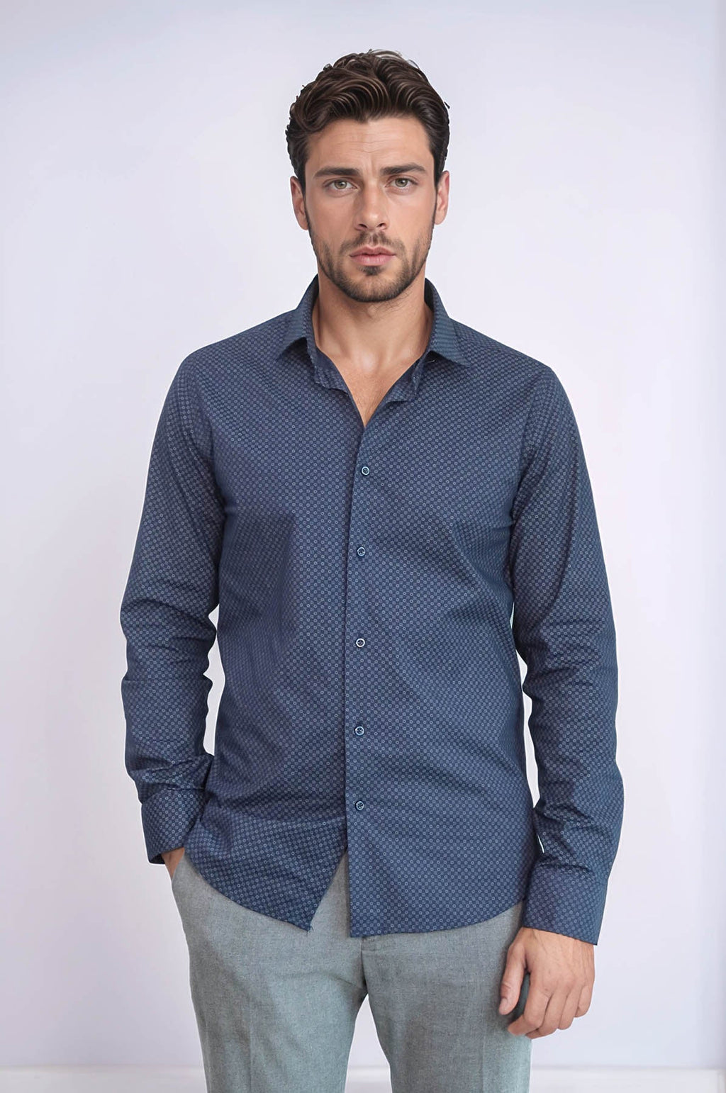 Dark Blue Tiny Check Patterned Slim Fit Shirt – front view