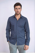 Dark Blue Tiny Check Patterned Slim Fit Shirt – front view