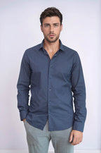 Dark Blue Tiny Check Patterned Slim Fit Shirt – front view