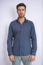 Dark Blue Tiny Check Patterned Slim Fit Shirt – side view