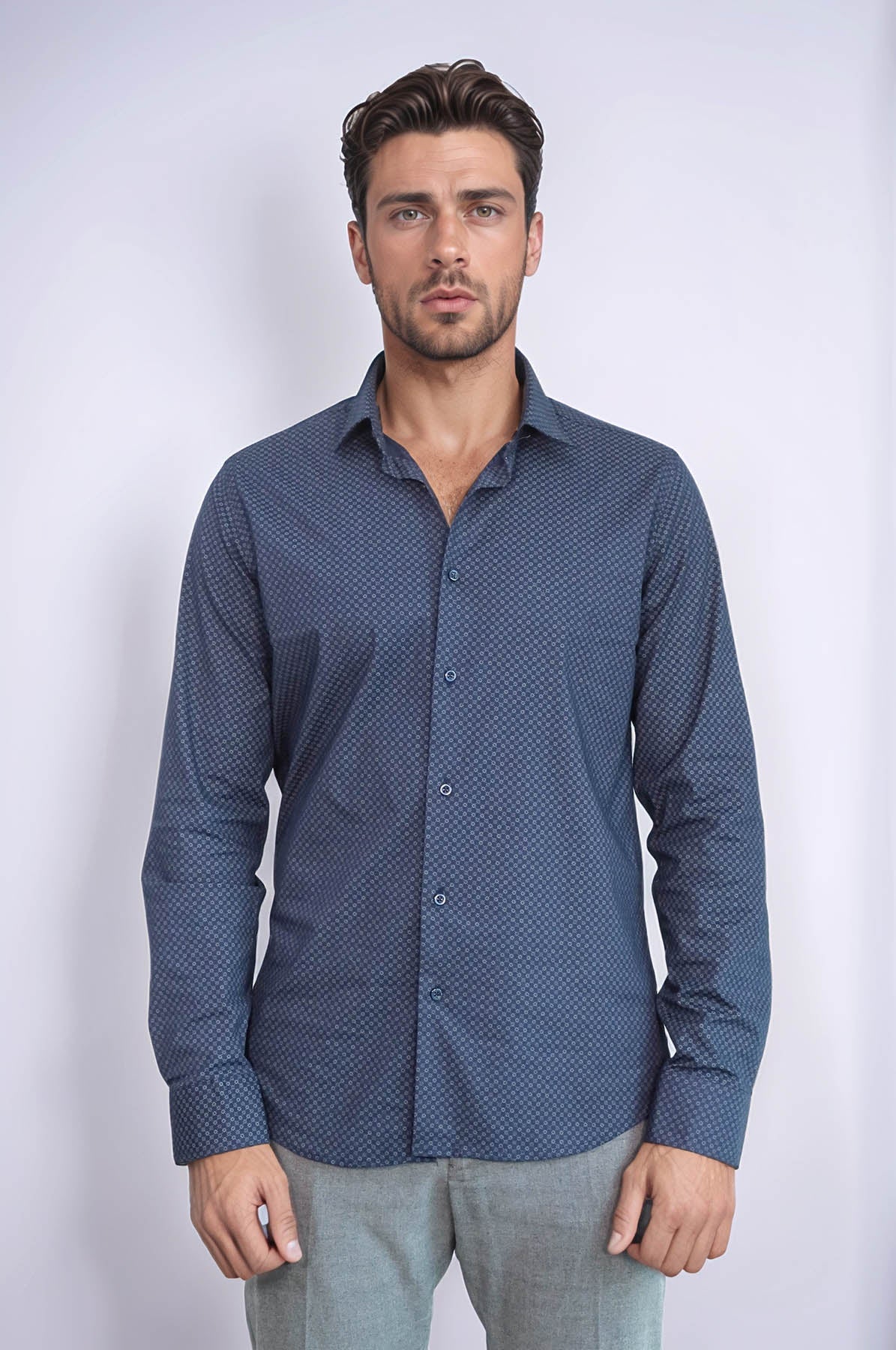 Dark Blue Tiny Check Patterned Slim Fit Shirt – side view