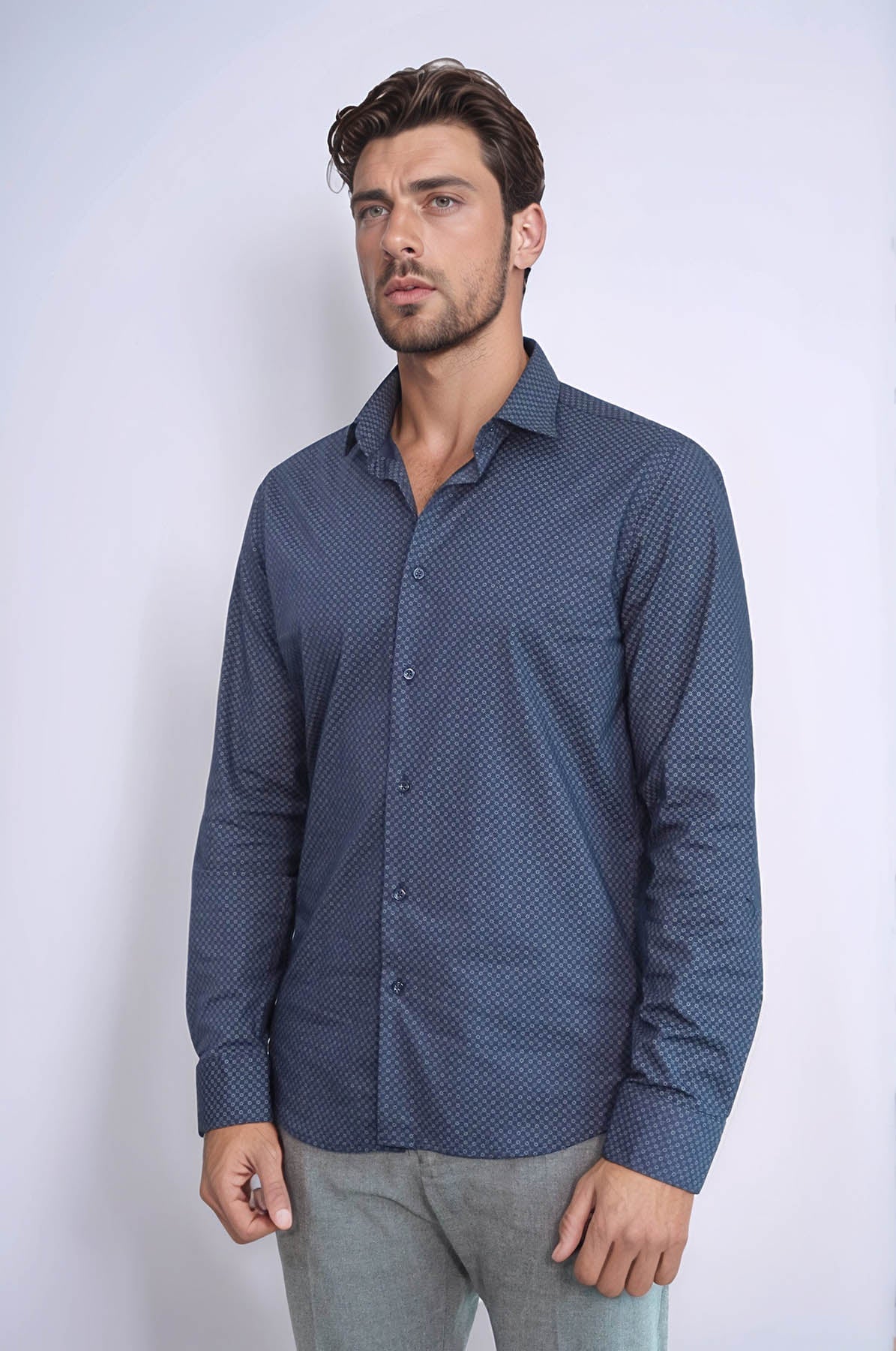 Dark Blue Tiny Check Patterned Slim Fit Shirt – styled view