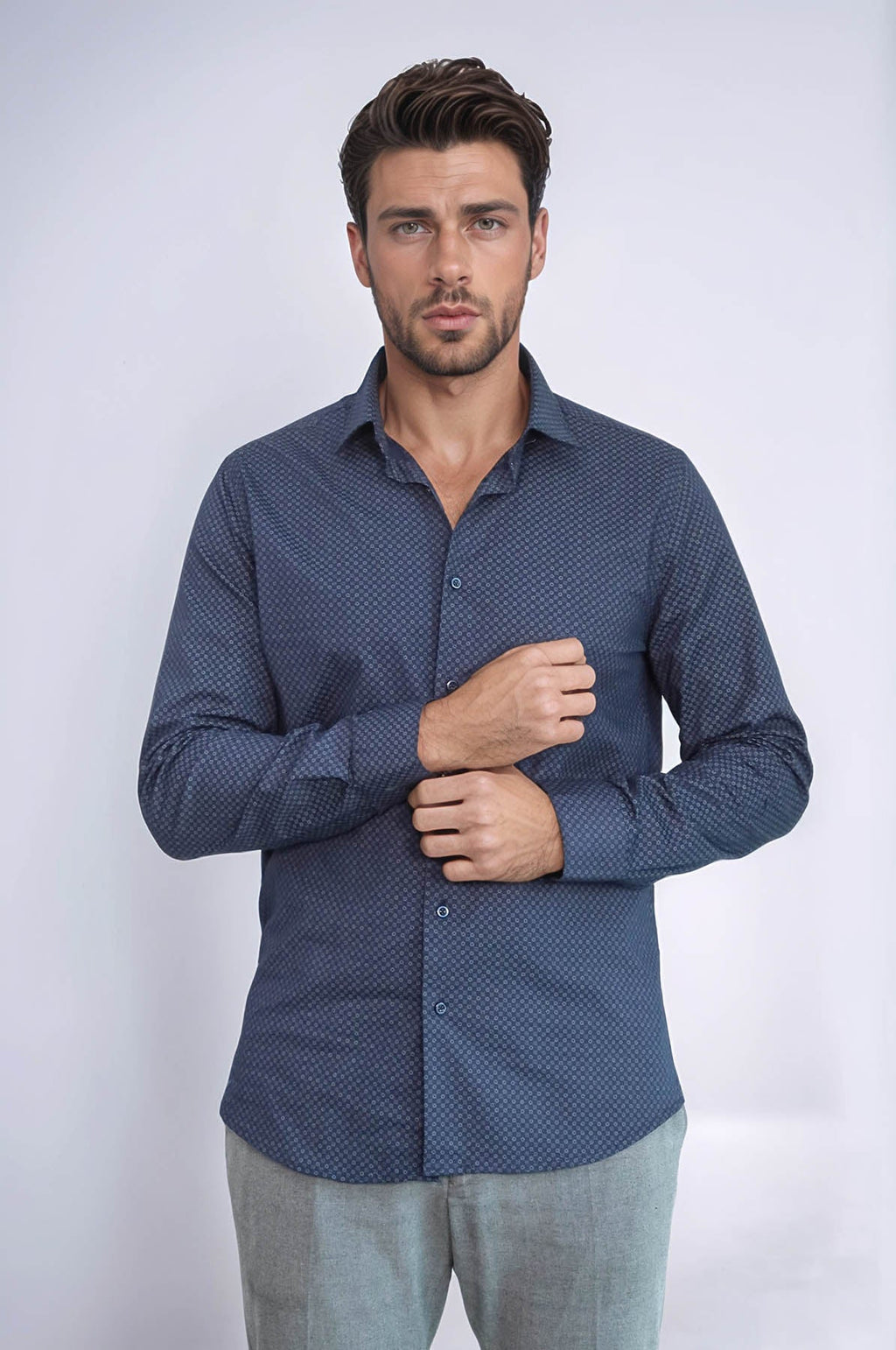 Dark Blue Tiny Check Patterned Slim Fit Shirt – close up view