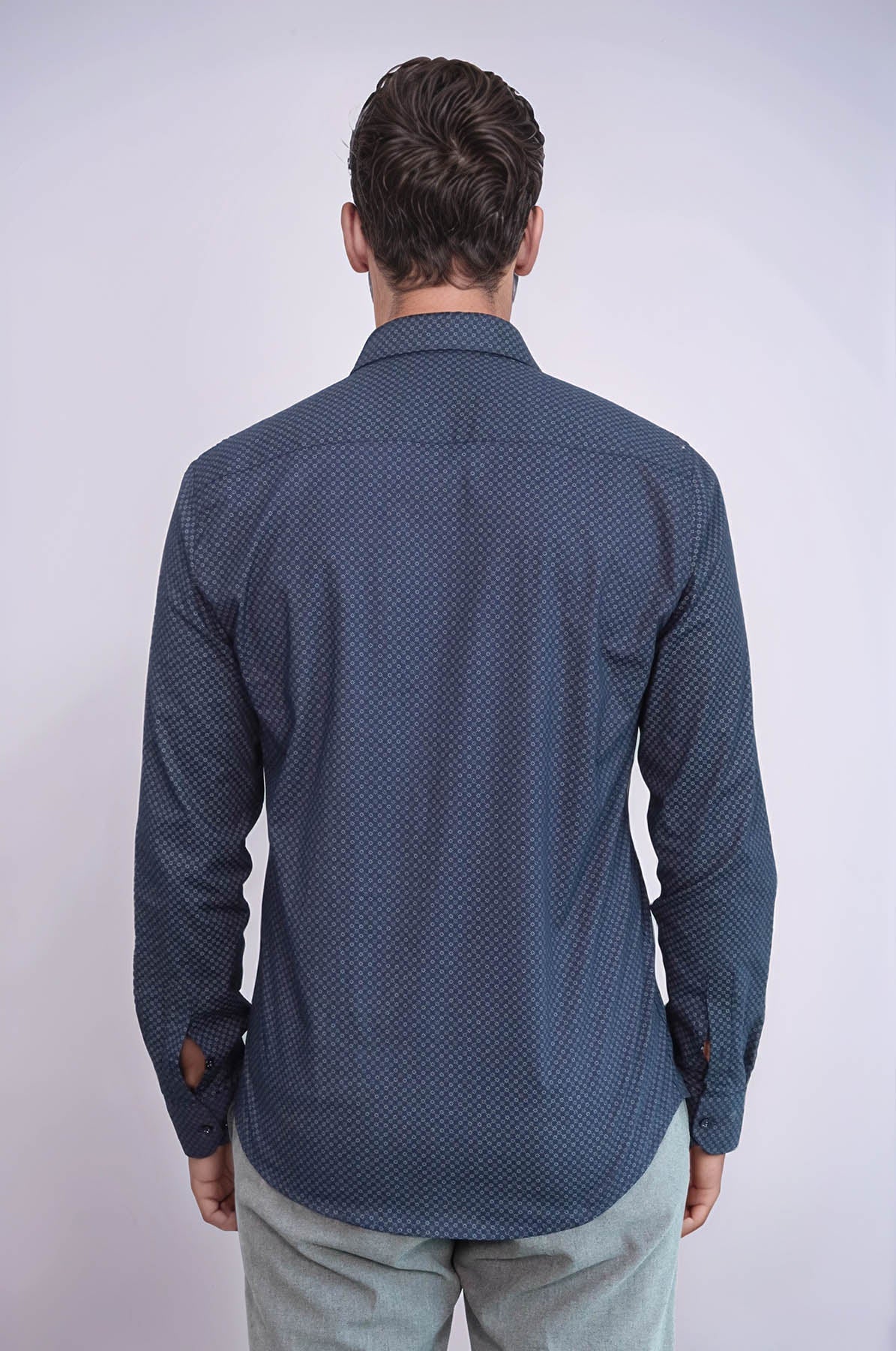 Dark Blue Tiny Check Patterned Slim Fit Shirt – full look view