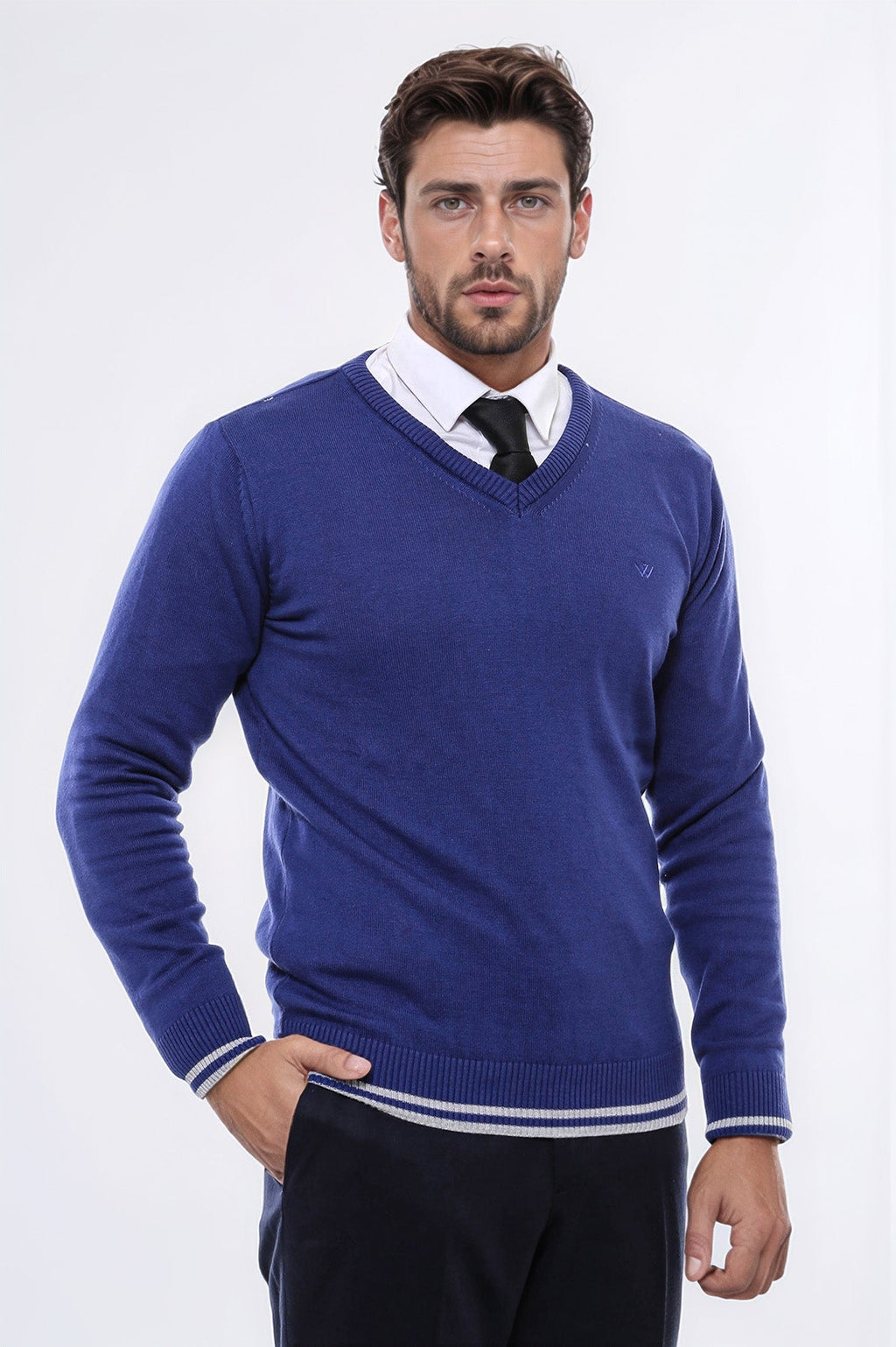 Dark Blue V Neck Slim Fit Sweater – front view