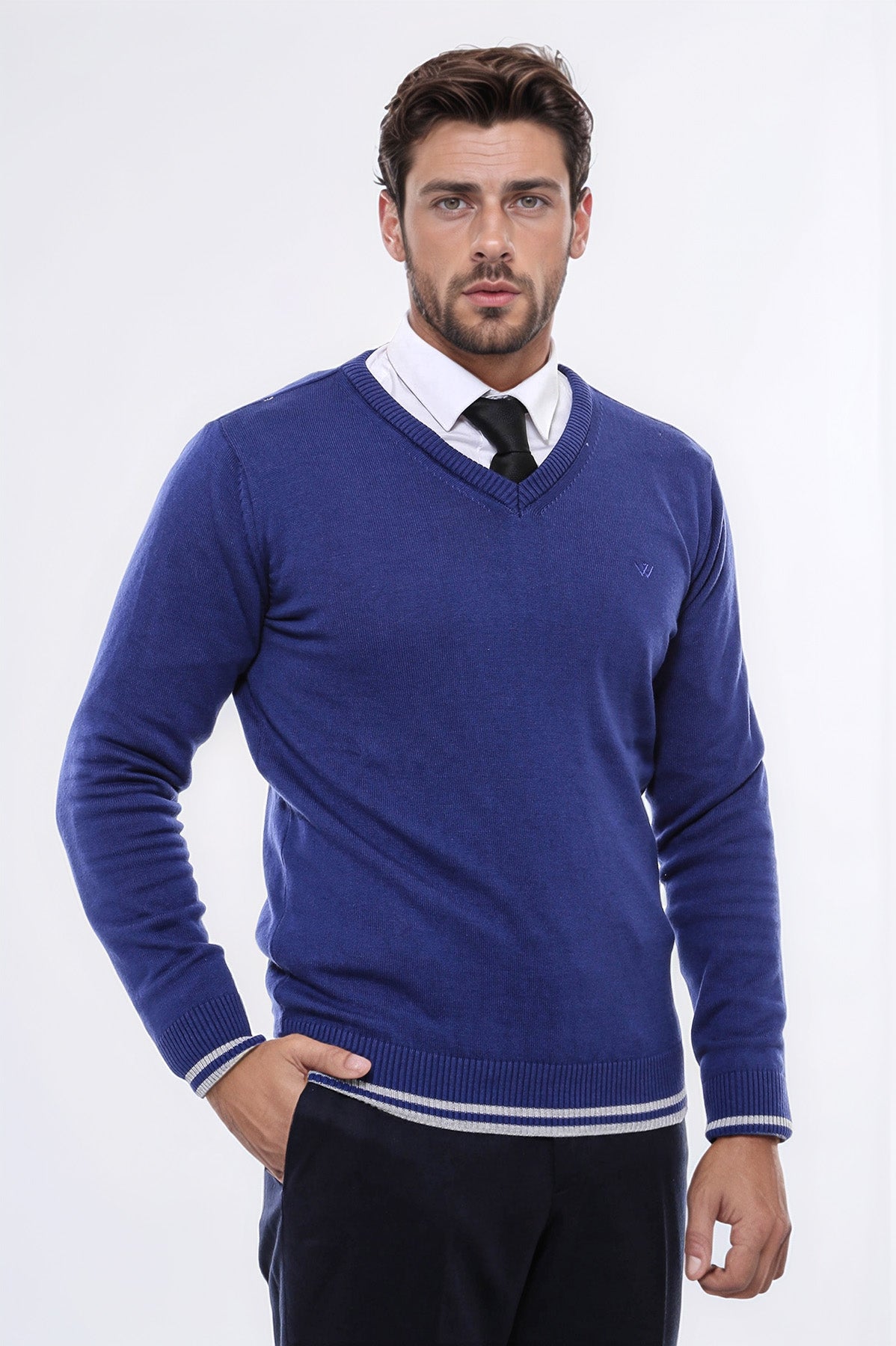 Dark Blue V Neck Slim Fit Sweater – front view