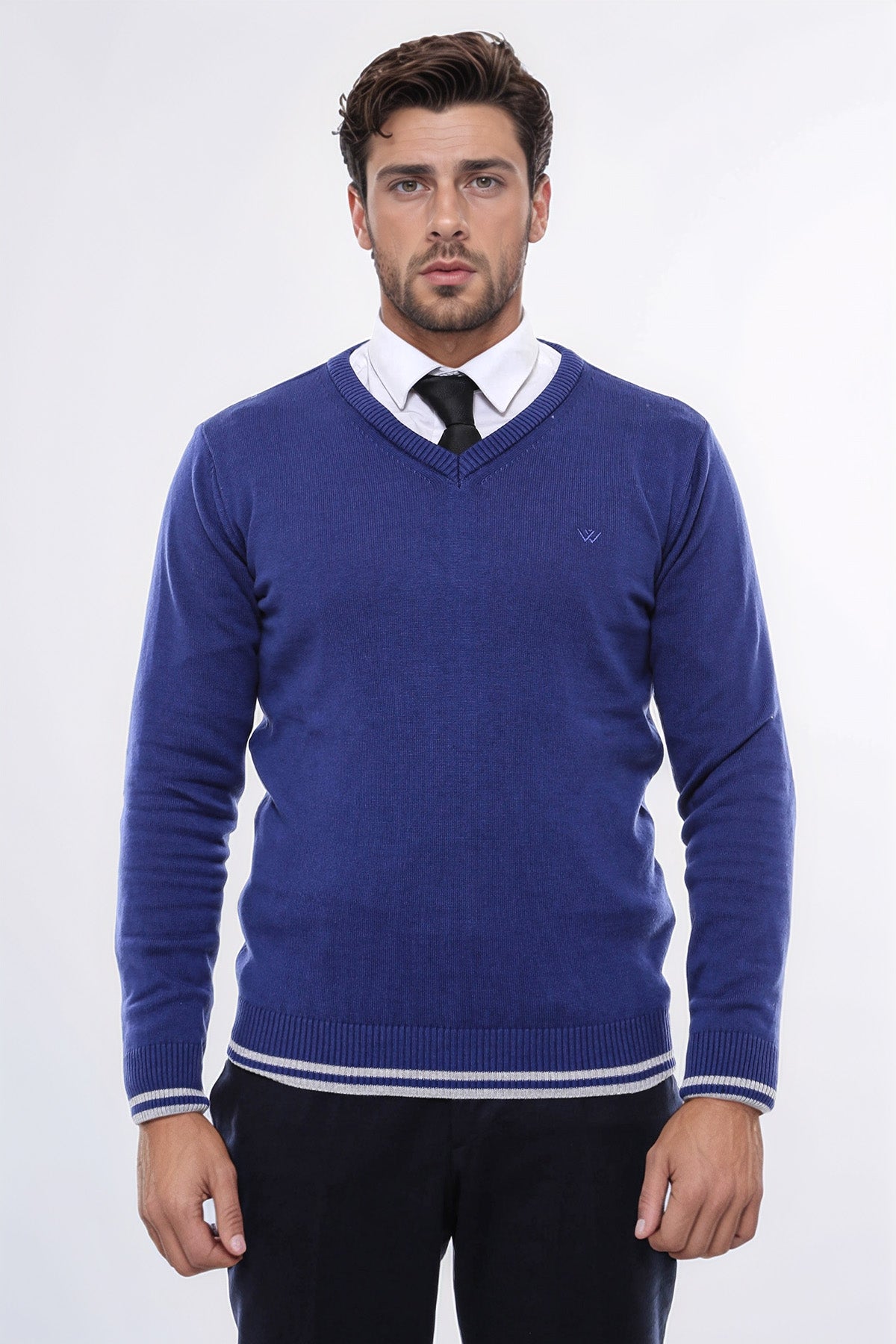 Dark Blue V Neck Slim Fit Sweater – styled view
