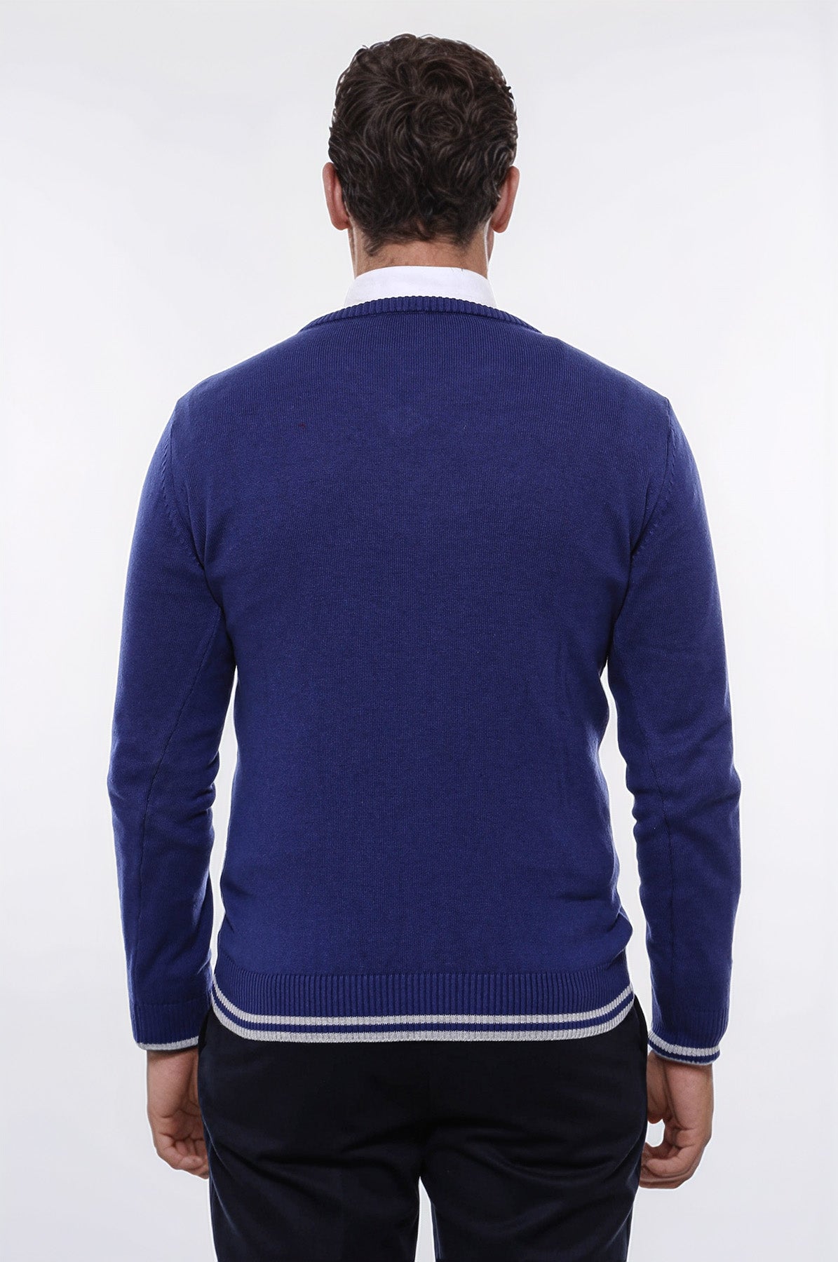Dark Blue V Neck Slim Fit Sweater – close up view