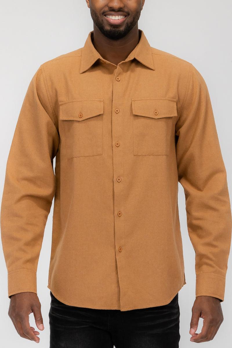 Men's Shirts Dark Gold Blank Brushed Long Sleeve Flannel Shirt Mens