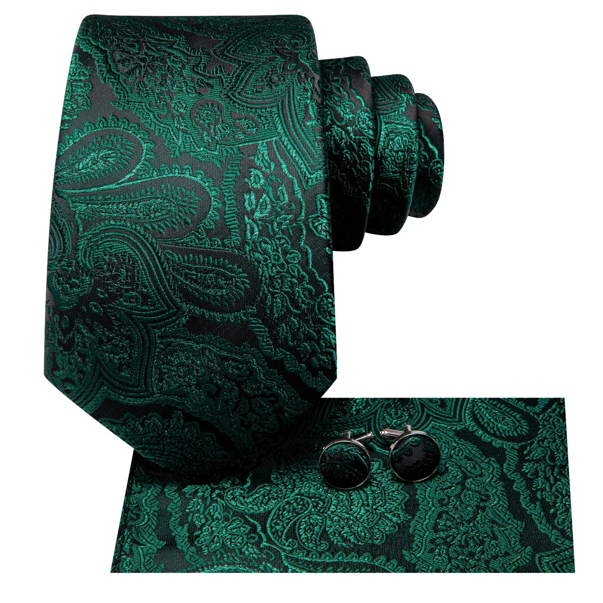 Dark Green Mens Ties in paisley pattern with matching cufflinks