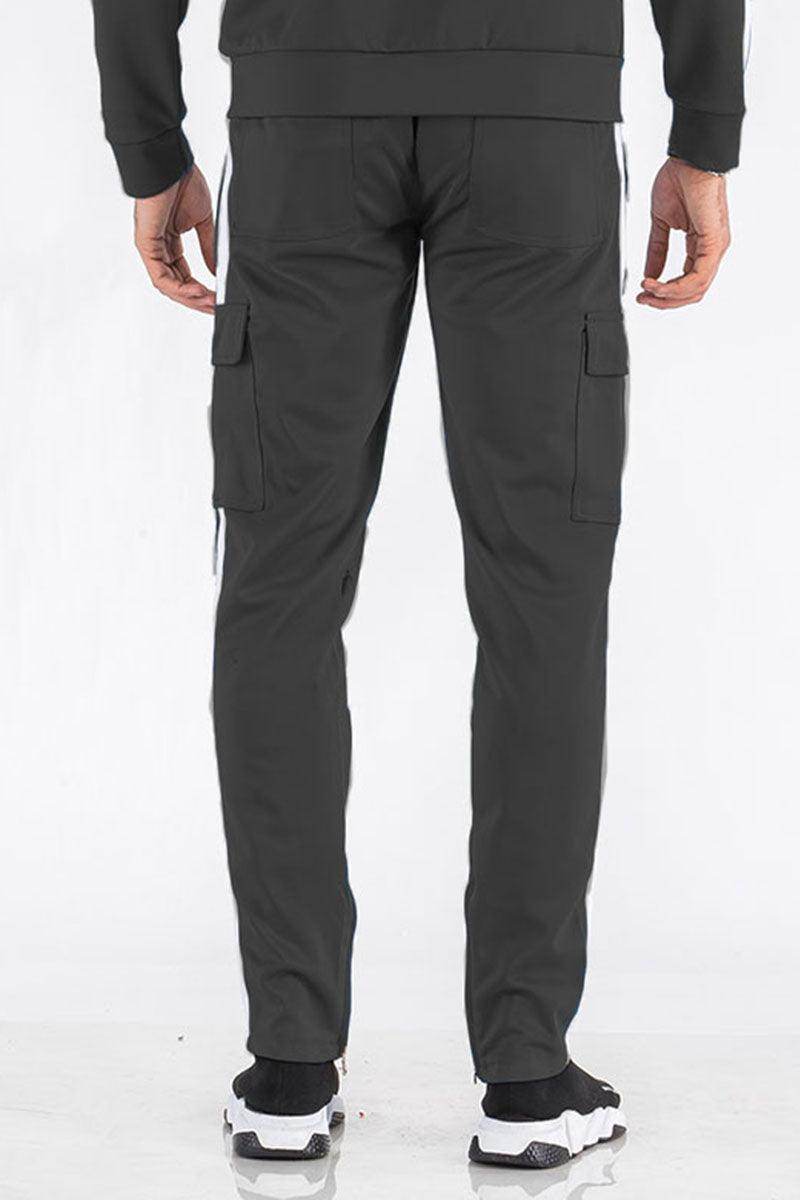 Men's dark grey stripe pants with cargo pockets for comfortable activewear