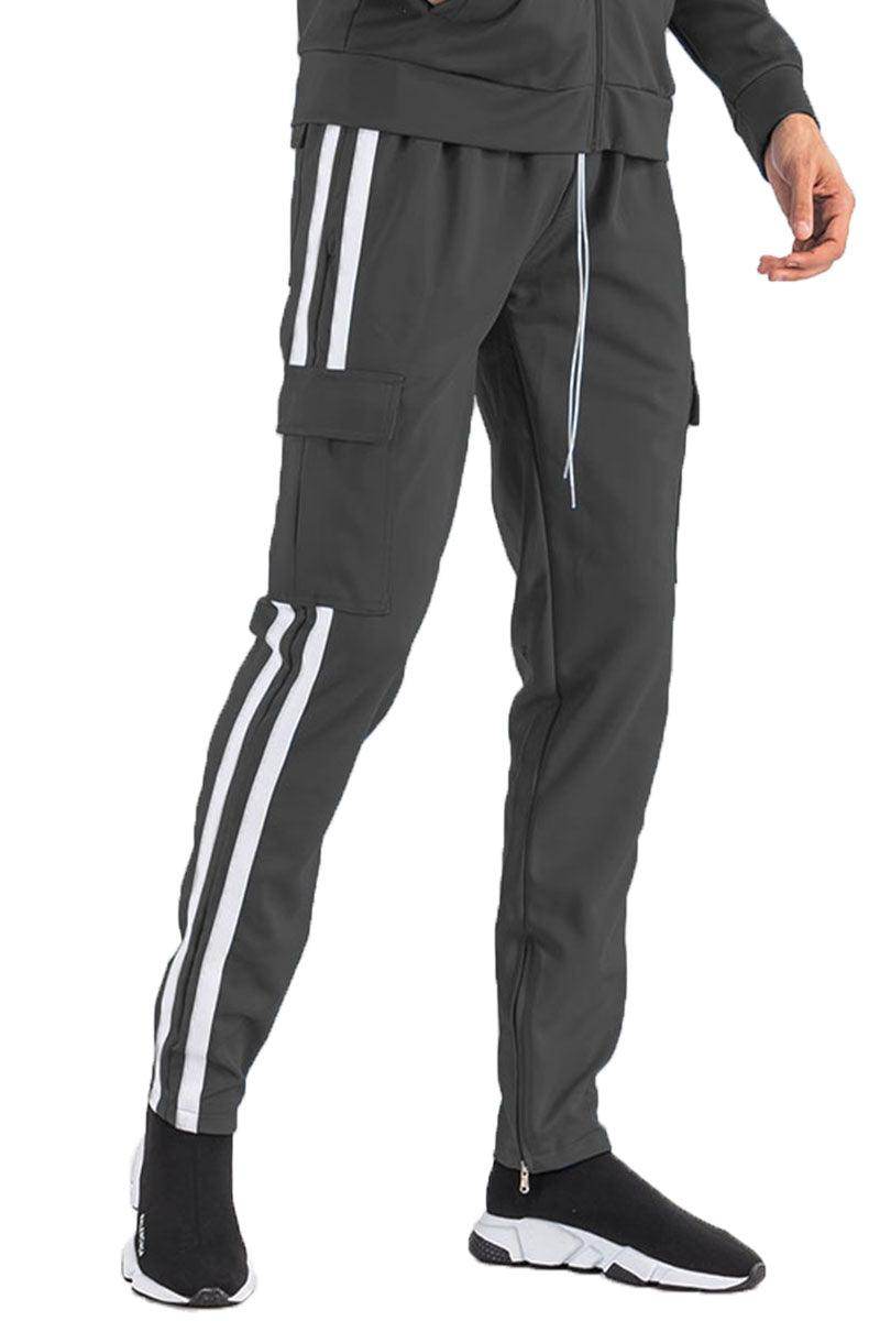 Men's activewear dark grey stripe pants with cargo pockets and adjustable drawstring waist