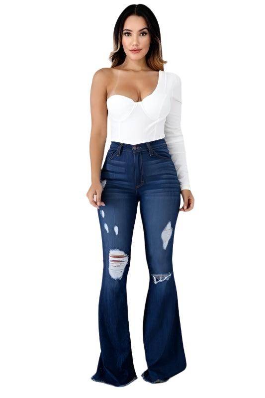 GJG Denim Women's Dark Wash Flare Jeans with Distressed Details and High-Waisted Fit