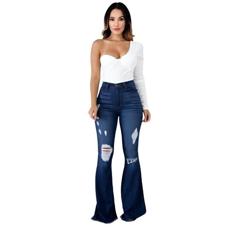 GJG Denim Women's Dark Wash Flare Jeans with Distressed Details and High-Waisted Fit